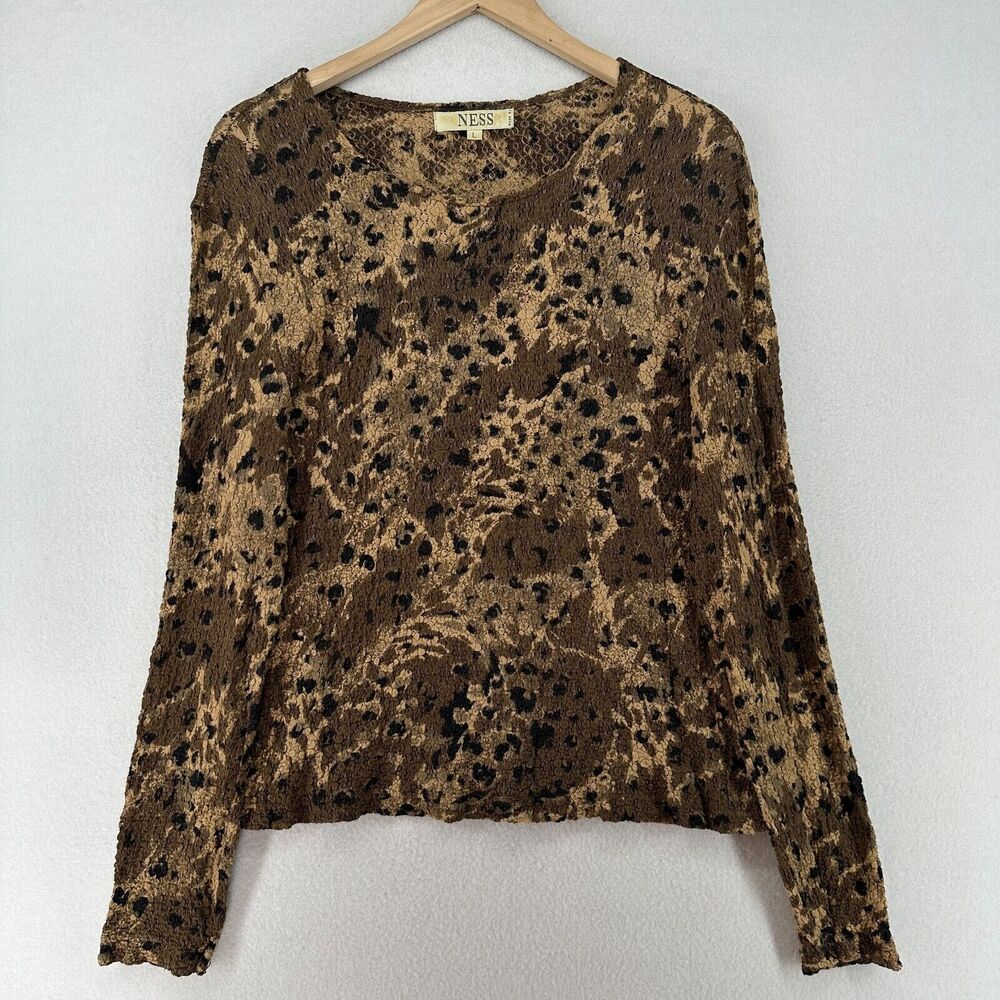 NESS Top Womens L Lace Blouse Leopard Animal Print Long Sleeve Stretch Brown